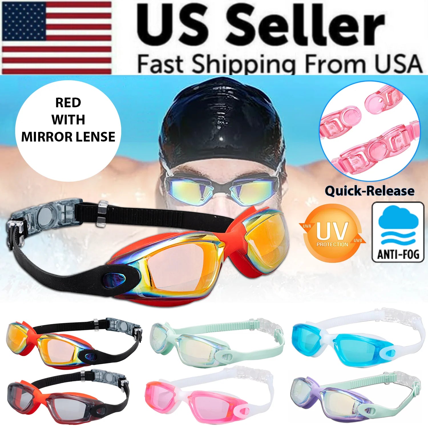 Clear Comfortable Swimming Goggles UV- Anti-Fog Swim Glasses Mirror Adult & Kids